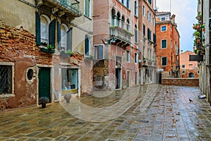 Narrow streets of Venice Italy after the rain