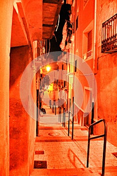 Narrow streets in the village of Jijona in Alicante at night