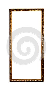 Narrow tall golden picture frame isolated