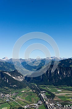 Narrow thoroughfare gap in the mountains and valleys of the Swiss Alps photo