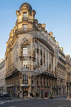 Narrow triangle Haussmannian architecture building on the Reaumur Boulevard in Paris