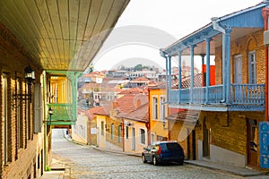 Narrow winding street of Signagi township with colorful houses