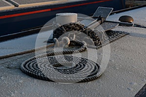 Narrowboat Centreline and Anchor With Anchor Chain on Cold Winter Morning