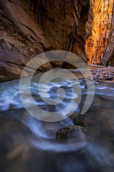 The Narrows and Virgin River in Zion National Park near Springdale, Utah located in the Southwestern of USA