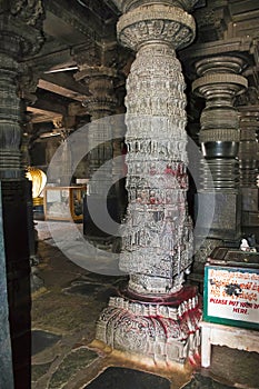 The Narsimha Pillar which at one time could have revolved on its ball bearings. Chennakeshava temple. Belur, Karnataka.