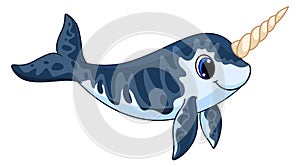 Narwhal character. Funny cartoon nordic underwater animal