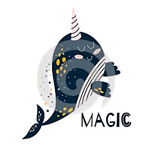 Narwhal text Cute narwhal whale with text Magic, funny unicorn whale drawing for kids wall art, print Vector
