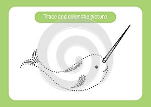 Narwhal. Trace and color the picture. Educational game for children. Handwriting and drawing practice. Nature theme activity for