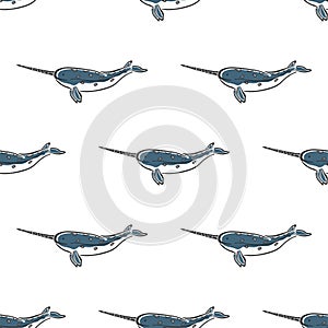 Narwhal whale character abstract color hand drawn vector seamless pattern. Retro illustration. Marine wild mammal. Ocean