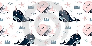 Narwhal whale pattern. Cute sea kids pattern with narwhal whale seamless background Aquatic kids pattern Vector