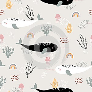 Narwhale, jellyfish and rainbow seamless childish pattern with beige background. Hand drawn repeat pattern for wrapping, fabrik.