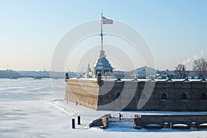 Naryshkin Bastion and Flagstone tower in the Peter and Paul fortress frosty. Saint Petersburg, Russia