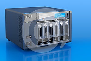 NAS with 6 disks on blue background, 3D rendering photo