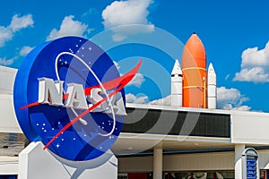 NASA Logo and Atlantis Space Shuttle at Kennedy Space Center Florida