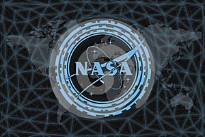 NASA logo, on a black background with a world map and a network. The concept of space exploration