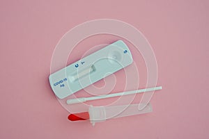 Nasal Rapid antigen test kit for coronavirus or Covid-19 antigen selftest kit isolated on pink background.