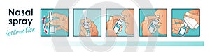 Nasal spray instruction. Rhinitis. Runny nose. Vector illustration