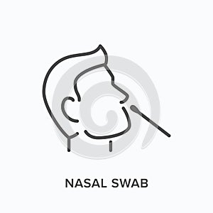 Nasal swab line icon. Vector outline illustration of viral exam. Head and virus test pictorgam photo