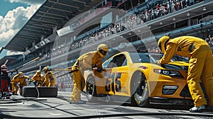 NASCAR Crew Members Working on Yellow Car at Track