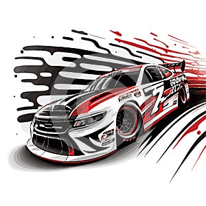 Nascar speeding car with with red and white splatters racing on the track