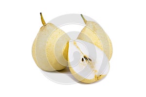 Nashi pear sliced isolated on white background. Pear isolated. Pear fruit isolated. Pear on white background. Yellow pear isolated