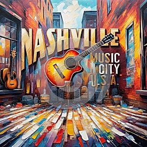 Nashville Music City USA Oil Painting Art Logo with City Skyline Colorful