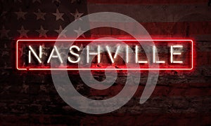 Nashville Neon Sign On Brick American Flag