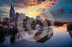 Nashville river front with show boat and sunset