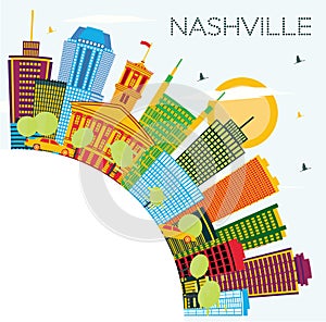 Nashville Tennessee City Skyline with Color Buildings, Blue Sky