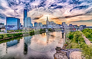 Nashville tennessee city skyline at sunset on the waterfrom