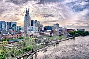 Nashville tennessee city skyline at  sunset on the waterfrom