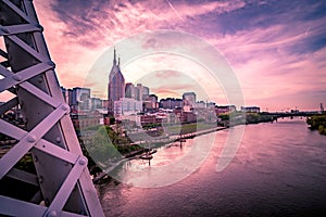 Nashville tennessee city skyline at  sunset on the waterfrom