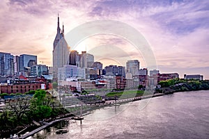 Nashville tennessee city skyline  at sunset on the waterfrom