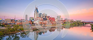 Nashville, Tennessee downtown skyline with Cumberland River in USA