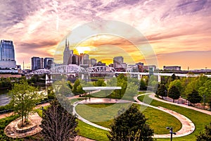 Nashville Tennessee   downtown skyline at Shelby Street Bridge