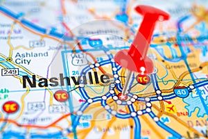 Nashville, Tennessee road map with red pushpin, city in the United States of America