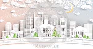 Nashville Tennessee USA City Skyline in Paper Cut Style with Snowflakes, Moon and Neon Garland