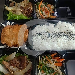 Nasi Box Oriental Menu : chicken katsu , Beef yakiniku, oriental vegetables, tropical fruite&