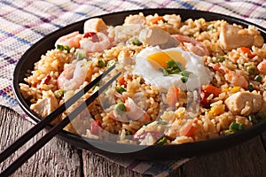 Nasi goreng with chicken, shrimp and vegetables close-up horizon