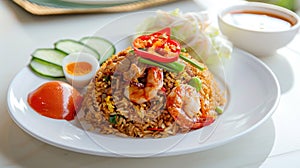 Nasi goreng fried rice isloated on white table - favourite food in the world. generative ai