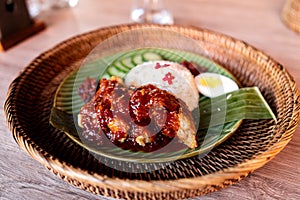 Nasi lemak dish in Malaysian restaurant