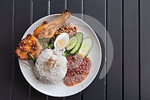 Nasi lemak with fried chicken and sambal, Malaysia popular food