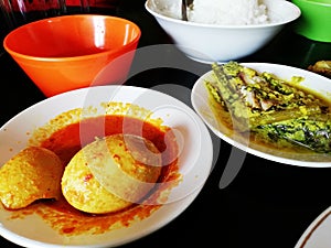 Nasi Padang with boiled eggs curry and coconut milk fish ..