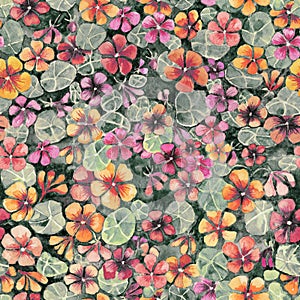 Nasturtium flowers with leaves in subdued colors. Seamless aged pattern. Watercolor painting. Hand drawn illustration. photo