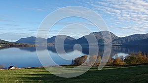 Nasvatnet lake in Eide on autumn day on Atlantic Road in Norway