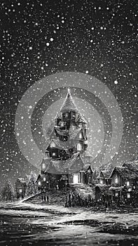 natal arvores castle with lights on and snow falling on Christmas night