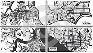 Natal, Maceio, Manaus and Joao Pessoa Brazil City Maps Set in Black and White Color in Retro Style