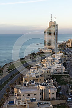 Netanya beach line in sunset photo