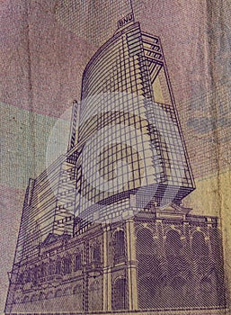 Natinal Overseas Bank (or Banco National Ultramarino, BNU) building on 20 paracas macanese banknote photo