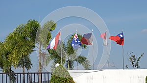 Nation flag waving atop among decorated along the fence with tree
